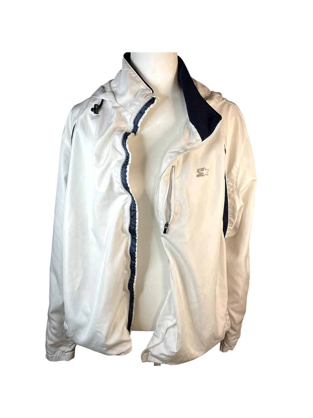 Starter White Windbreaker Jacket Unisex Large Navy Stripes Hidden Hood Flaw
